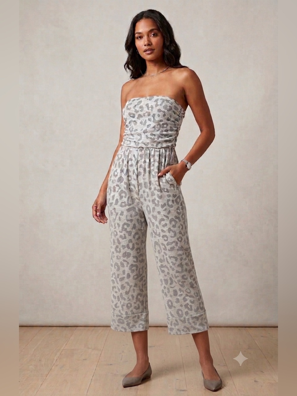 Anistar Grey Leopard Print Strapless Ruched Tube Top Jumpsuit Pockets Size: S